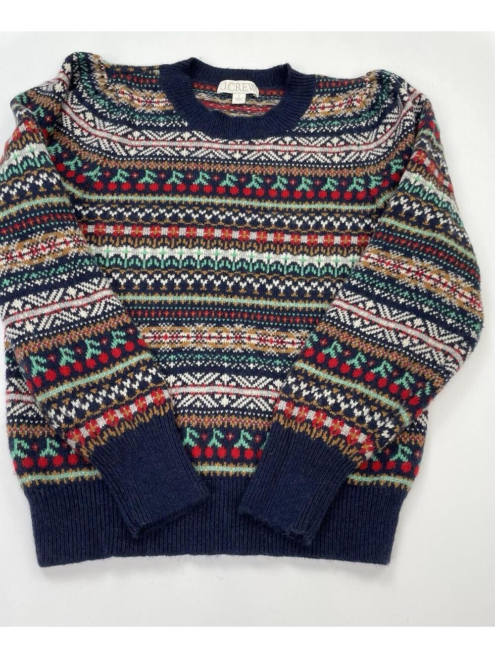 J. Crew Puff Sleeve Fair isle Crew Neck Sweater Navy Cherries Size Small - Picture 3 of 9